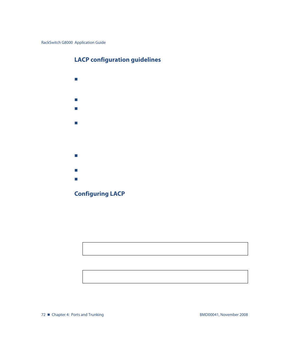 Lacp configuration guidelines, Configuring lacp | Blade ICE G8000 User Manual | Page 72 / 145