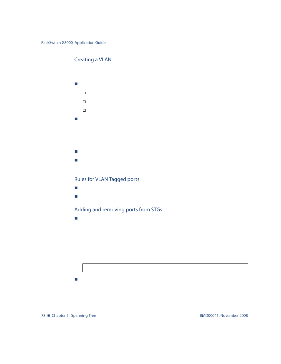 Creating a vlan, Rules for vlan tagged ports, Adding and removing ports from stgs | Blade ICE G8000 User Manual | Page 78 / 145