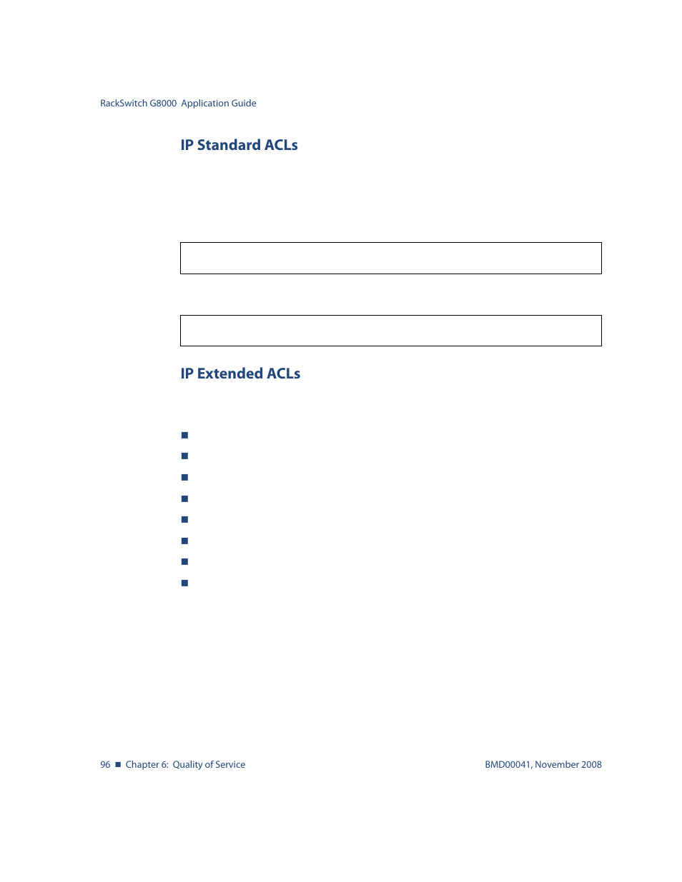 Ip standard acls, Ip extended acls, Ip standard acls 96 ip extended acls 96 | Blade ICE G8000 User Manual | Page 96 / 145