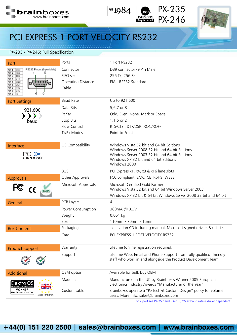 Pci express 1 port velocity rs232, Brain boxes | Brainboxes RoHS Compliant PX-246 User Manual | Page 2 / 2