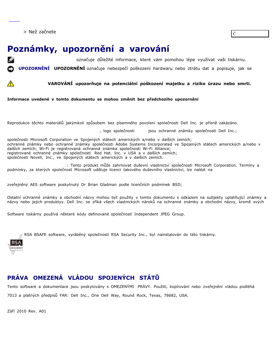 Notes, notices, and cautions, Než začnete, Home | Poznámky, upozornění a varování, Jazyk, Pokud jde o rsa bsafe, Práva omezená vládou spojených států | Dell 2155cn/cdn Color Laser Printer User Manual | Page 3 / 10