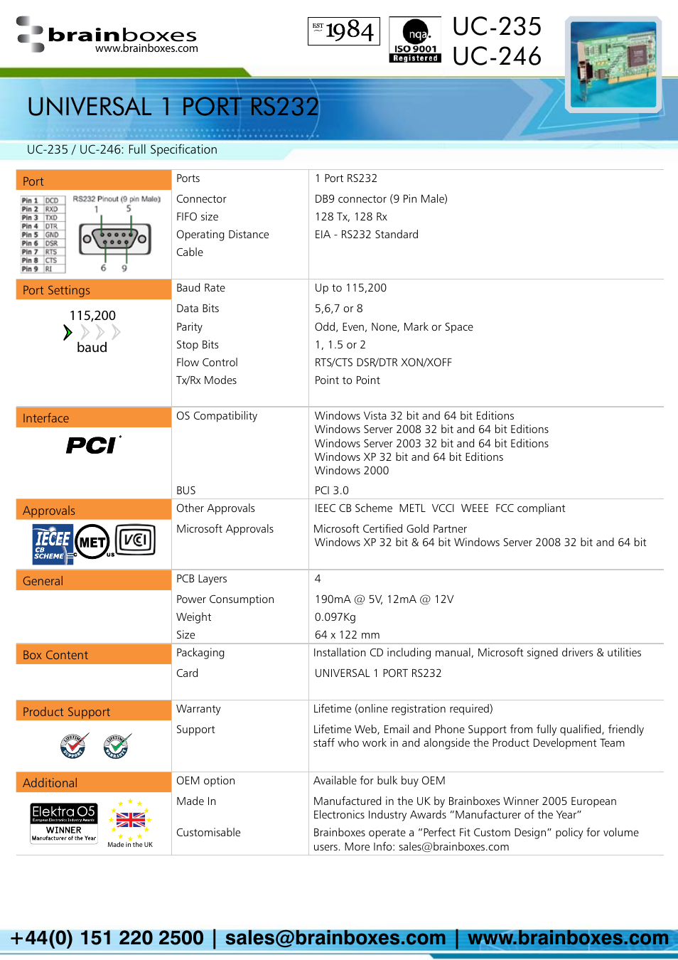 Universal 1 port rs232, Brain boxes | Brainboxes UC-246 User Manual | Page 2 / 2