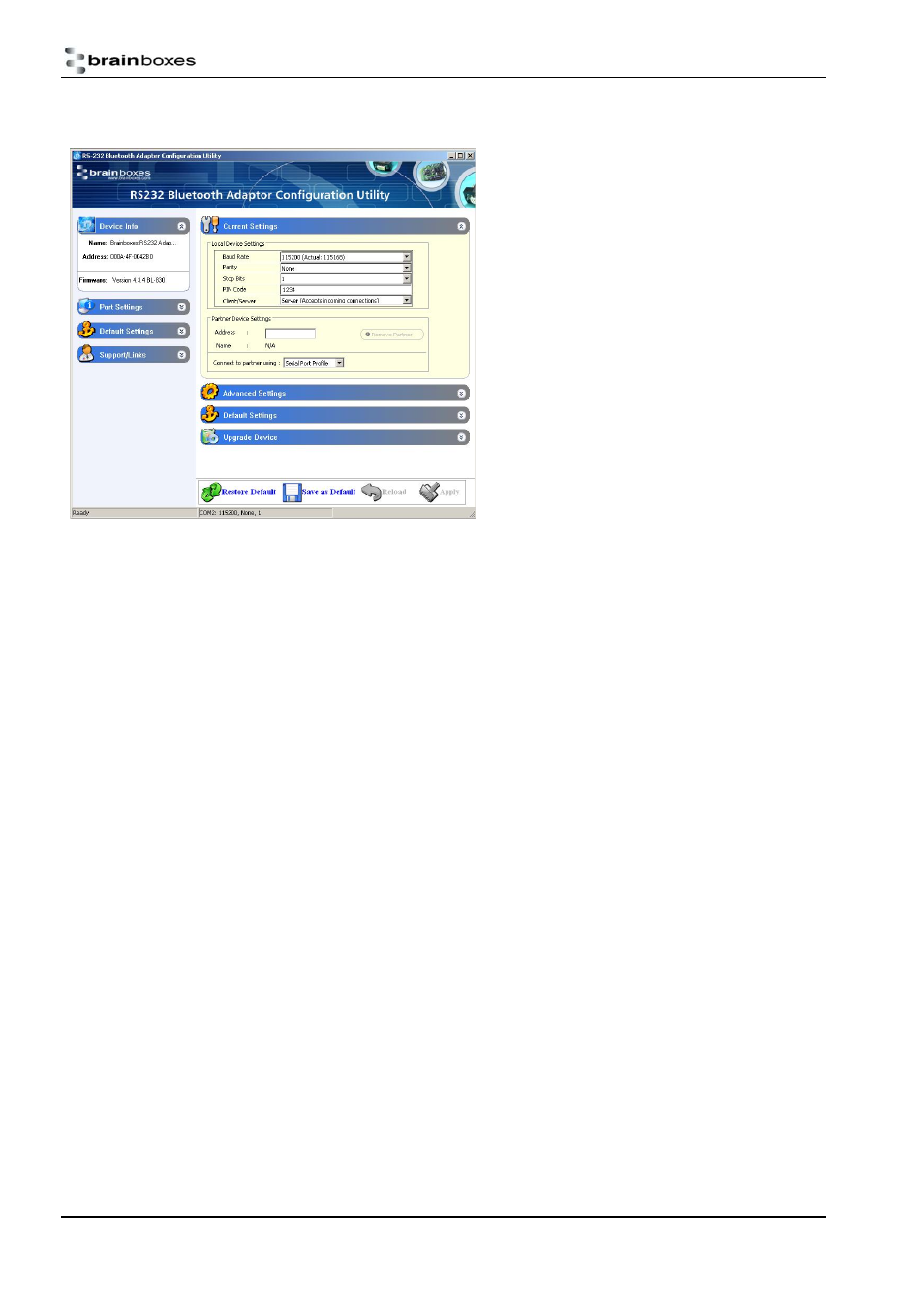 Current settings, Baud rate, Parity | Stop bits, Data bits, Urrent, Ettings | Brainboxes BL-830 User Manual | Page 12 / 41