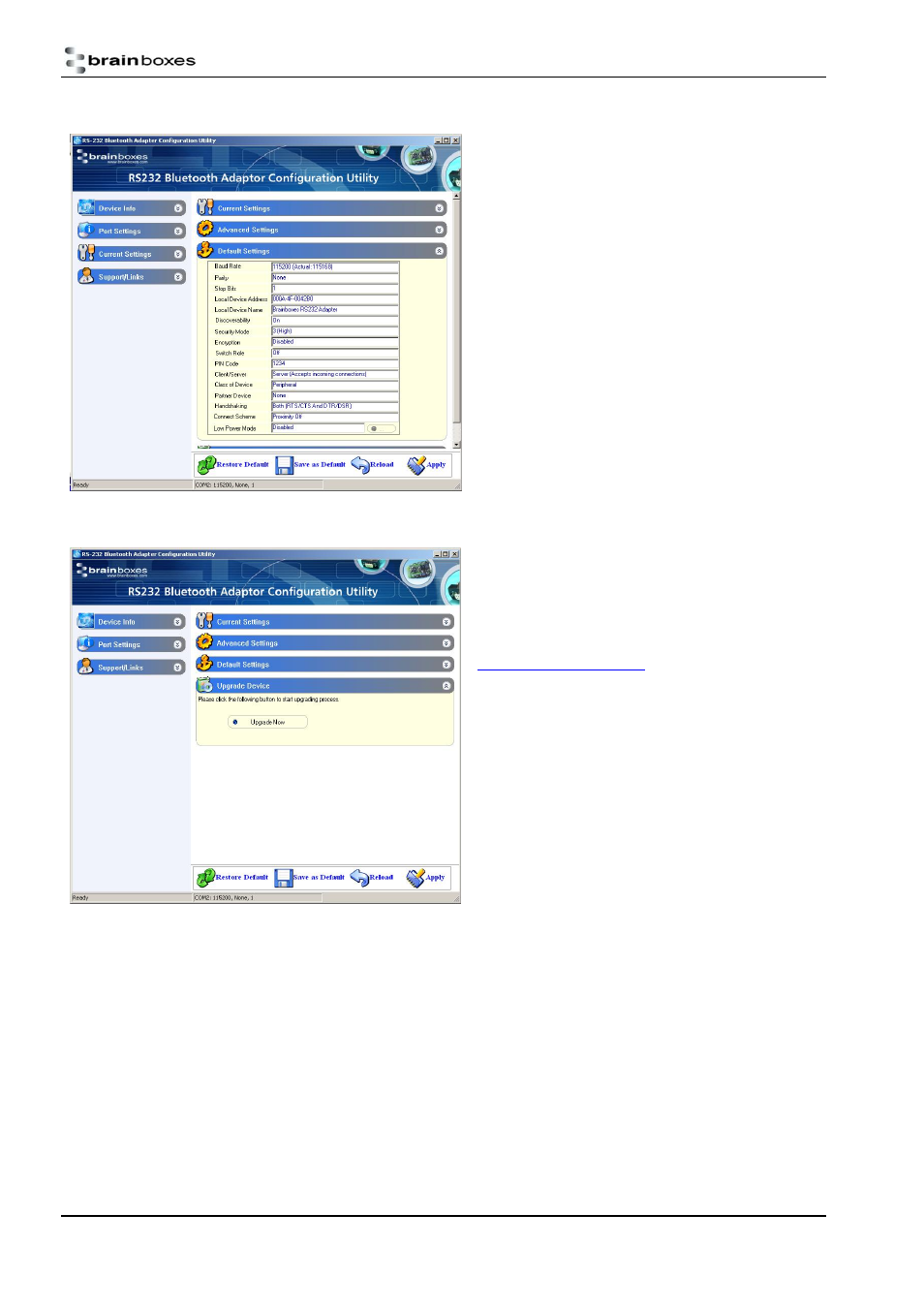 Default settings, Upgrade device, Efault settings | Pgrade, Evice | Brainboxes BL-830 User Manual | Page 19 / 41