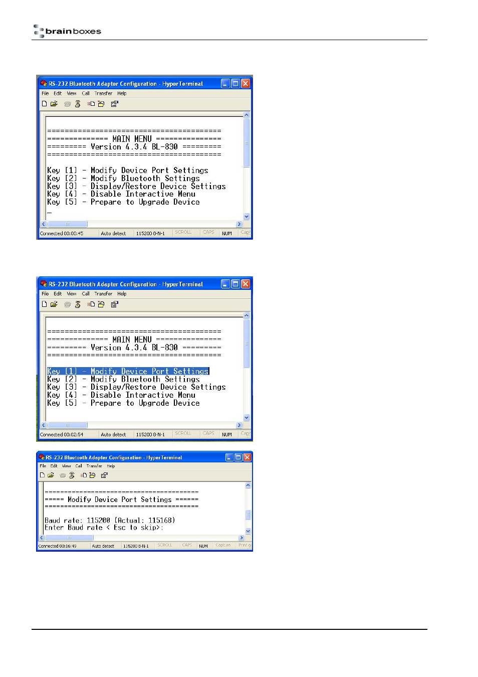 Main menu, Communications parameters | Brainboxes BL-830 User Manual | Page 22 / 41