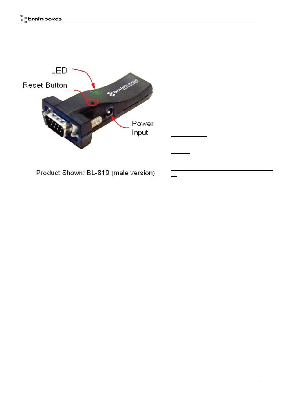 Physical product features, Bl-819 / 830, Reset button | Comparison of bl-819 and bl-830 features, Bl- 819 / 830 power options, Omparison of, Bl-819, Bl-830 f, Eatures, Bl- 819 / 830 p | Brainboxes BL-830 User Manual | Page 5 / 41