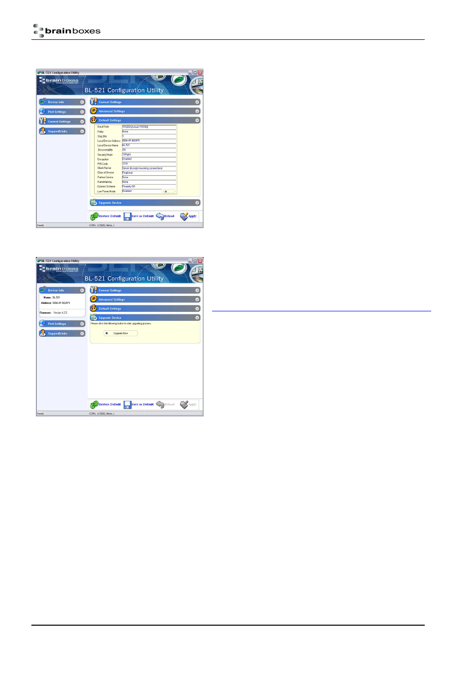 Default settings, Upgrade device | Brainboxes RS232 User Manual | Page 16 / 41