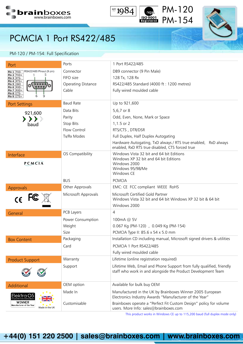 Brain boxes | Brainboxes PCMCIA RS422/485 User Manual | Page 2 / 2