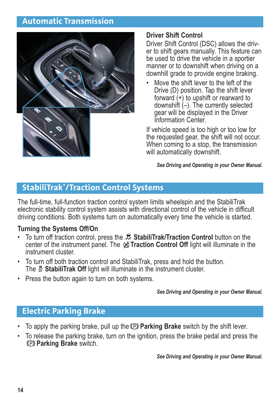 Automatic transmission electric parking brake, Stabilitrak, Traction control systems | Buick 2011 Regal User Manual | Page 14 / 16