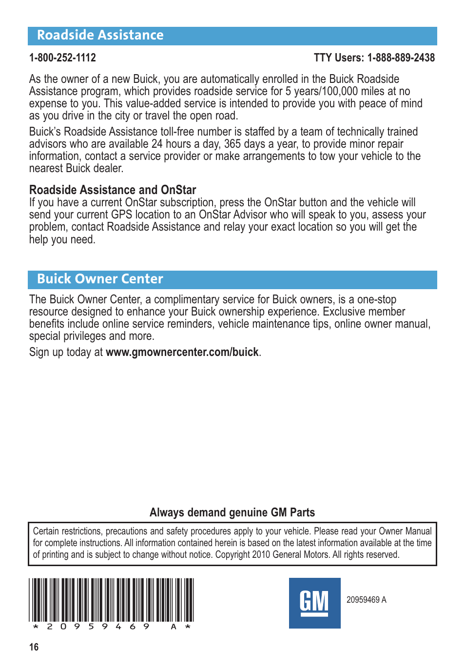 Roadside assistance, Buick owner center | Buick 2011 Regal User Manual | Page 16 / 16