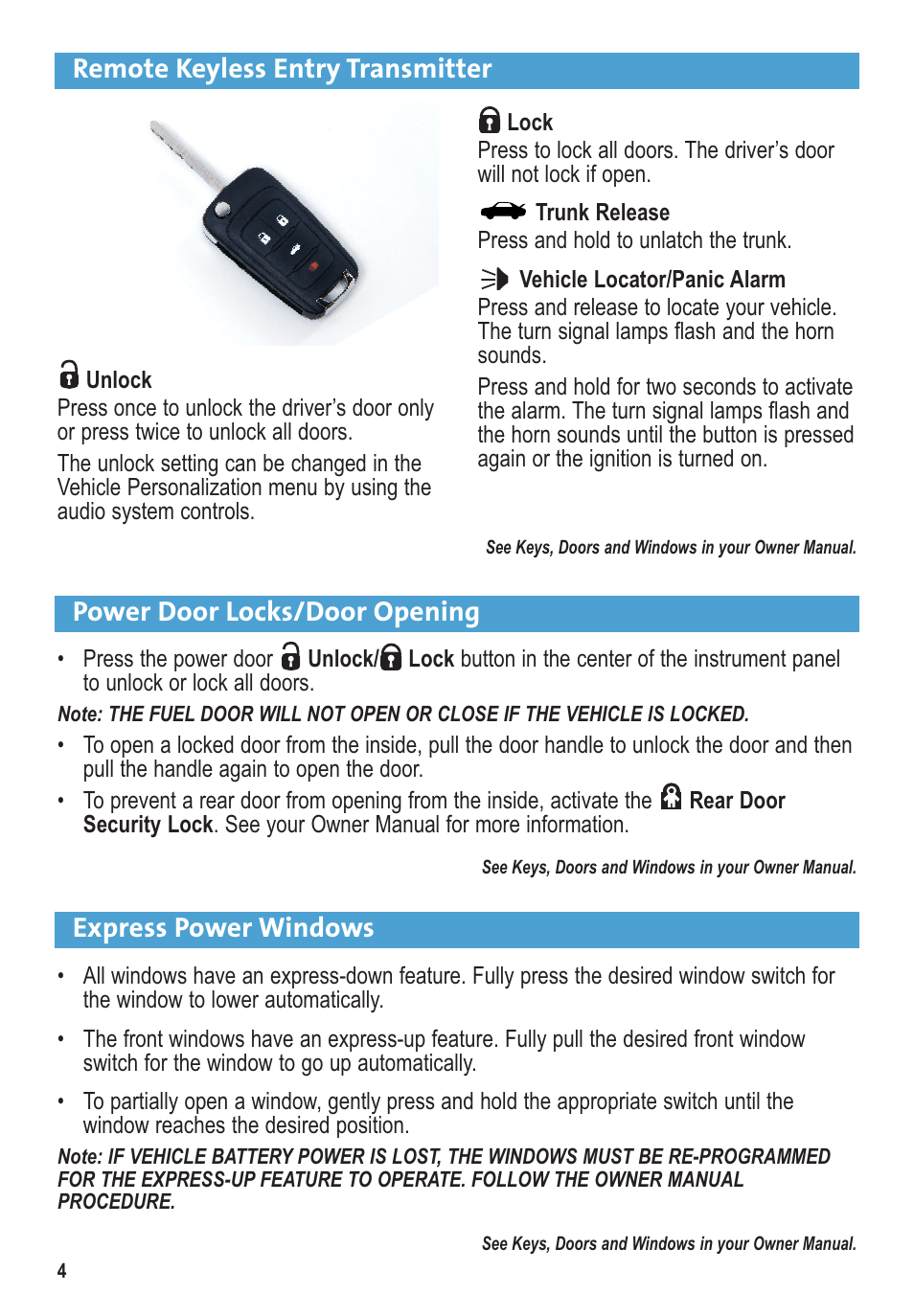 Remote keyless entry transmitter, Power door locks/door opening, Express power windows | Buick 2011 Regal User Manual | Page 4 / 16