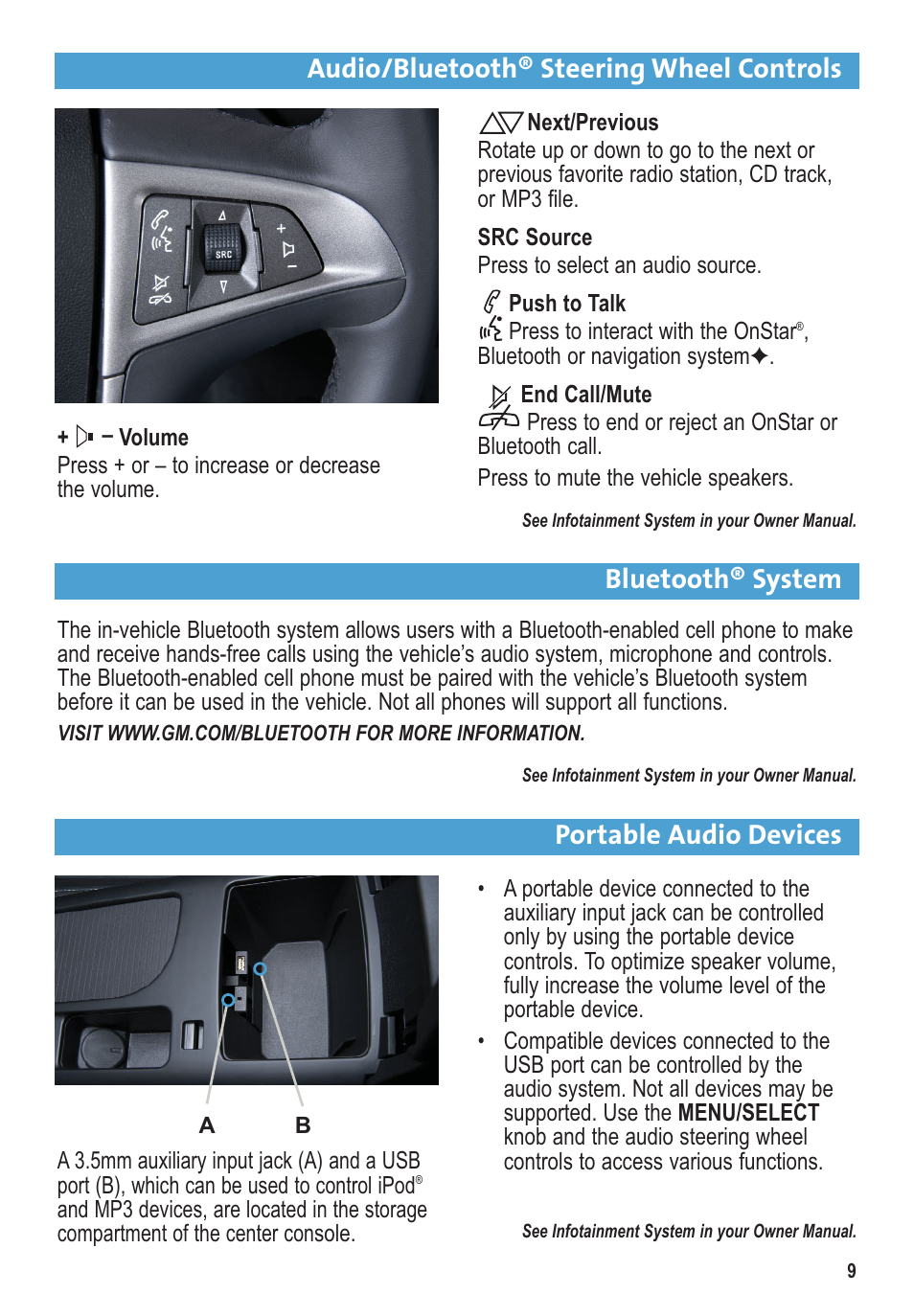 Audio/bluetooth® steering wheel controls, Bluetooth® system, Portable audio devices | Buick 2011 Regal User Manual | Page 9 / 16
