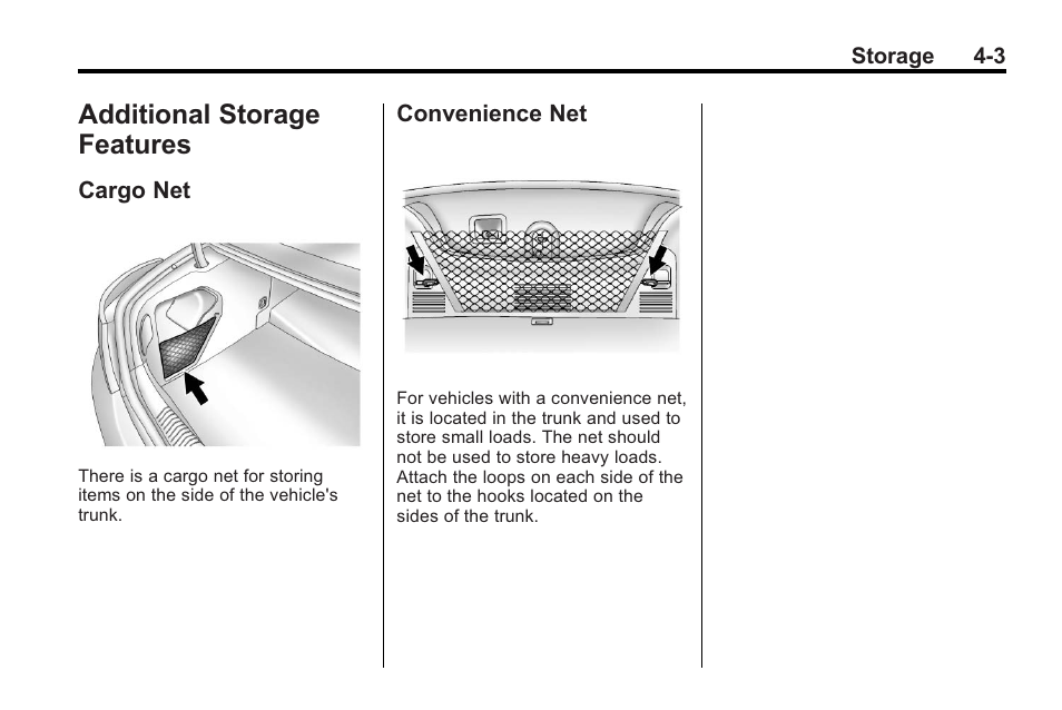 Additional storage features, Cargo net, Convenience net | Additional storage features -3, Climate | Buick 2011 Regal User Manual | Page 101 / 360