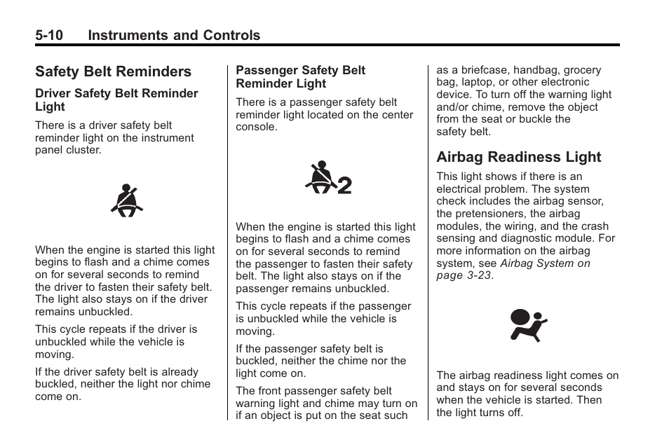Safety belt reminders, Airbag readiness light, Lamps | 10 instruments and controls | Buick 2011 Regal User Manual | Page 112 / 360