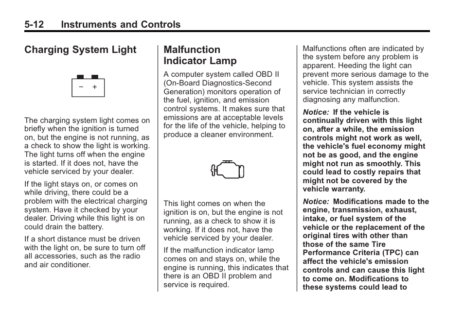 Charging system light, Malfunction indicator lamp, Charging system light -12 malfunction | Indicator lamp -12 | Buick 2011 Regal User Manual | Page 114 / 360