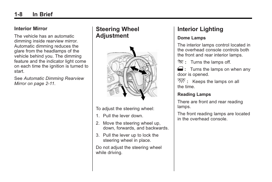 Steering wheel adjustment, Interior lighting, Steering wheel adjustment -8 interior lighting -8 | Buick 2011 Regal User Manual | Page 12 / 360