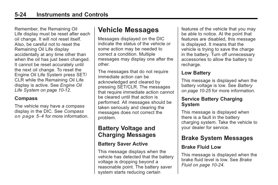 Vehicle messages, Battery voltage and charging messages, Brake system messages | Engine exhaust -23, Vehicle messages -24 battery voltage and charging, Messages -24, Brake system messages -24 | Buick 2011 Regal User Manual | Page 126 / 360