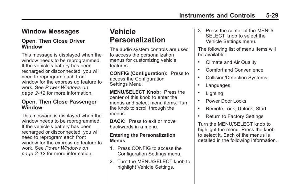 Window messages, Vehicle personalization, Ehicle personalization -29 | Automatic transmission, Window messages -29, Vehicle personalization -29, Instruments and controls 5-29 | Buick 2011 Regal User Manual | Page 131 / 360