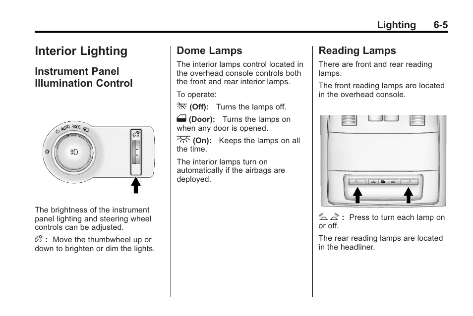 Interior lighting, Instrument panel illumination control, Dome lamps | Reading lamps, Interior lighting -5, Object, Instrument panel illumination, Control -5, Dome lamps -5 reading lamps -5 | Buick 2011 Regal User Manual | Page 141 / 360