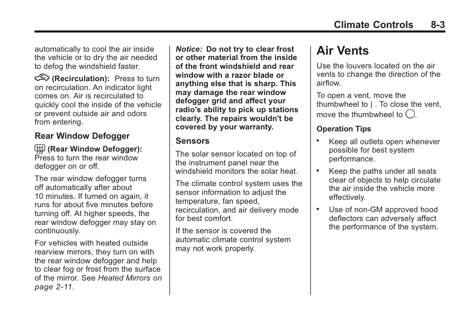Air vents, Air vents -3, Climate controls 8-3 | Buick 2011 Regal User Manual | Page 187 / 360