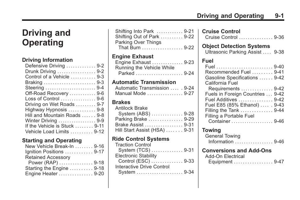 Driving and operating, Driving and operating -1, Driving and operating 9-1 | Buick 2011 Regal User Manual | Page 189 / 360