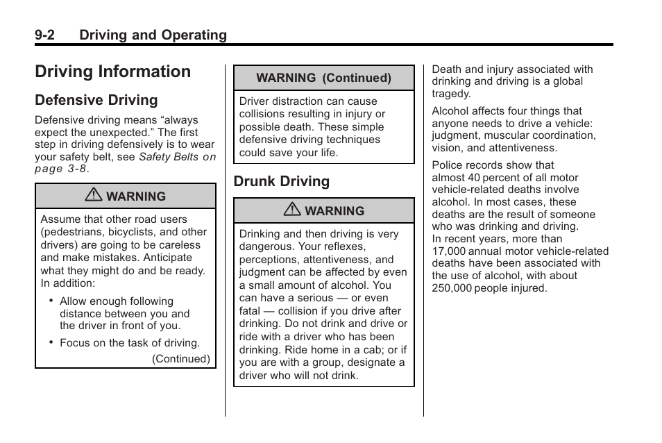 Driving information, Defensive driving, Drunk driving | Defensive driving -2 drunk driving -2 | Buick 2011 Regal User Manual | Page 190 / 360