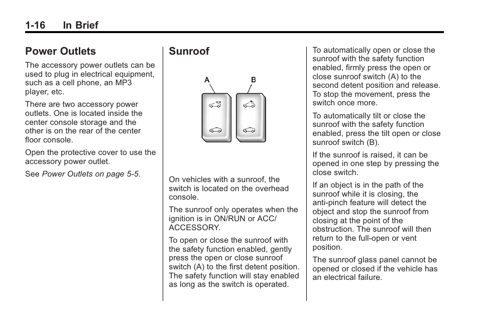 Power outlets, Sunroof, Power outlets -16 | 16 in brief | Buick 2011 Regal User Manual | Page 20 / 360