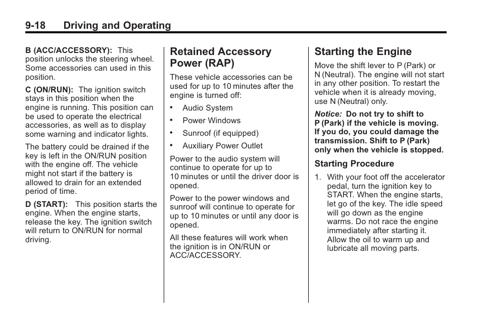 Retained accessory power (rap), Starting the engine, Retained accessory | Power (rap) -18, Starting the engine -18, 18 driving and operating | Buick 2011 Regal User Manual | Page 206 / 360