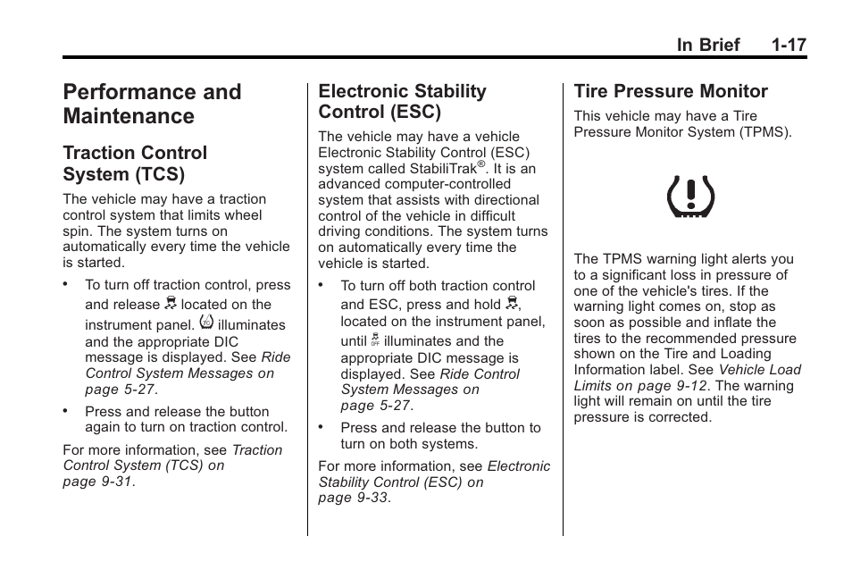 Performance and maintenance, Traction control system (tcs), Electronic stability control (esc) | Tire pressure monitor, Performance and, Maintenance -17, Storage compartments, Traction control, System (tcs) -17, Electronic stability | Buick 2011 Regal User Manual | Page 21 / 360