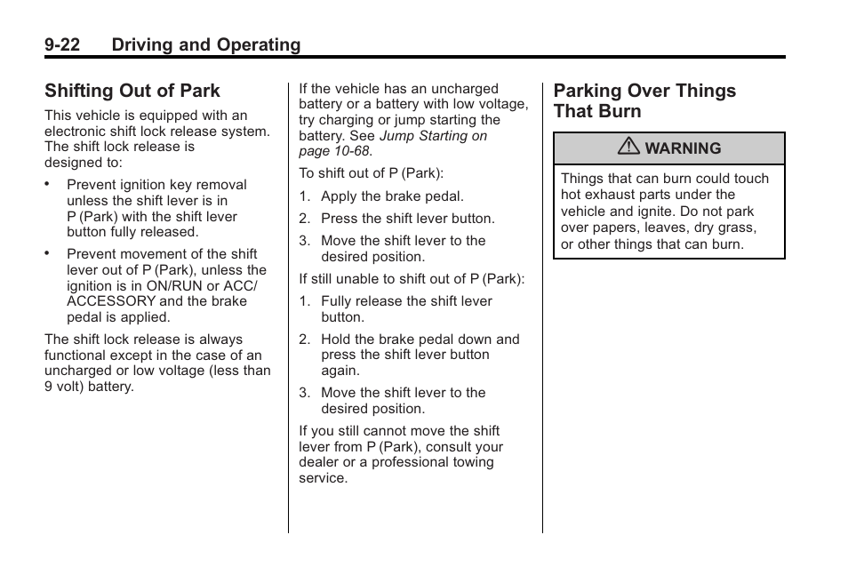 Shifting out of park, Parking over things that burn, Shifting out of park -22 parking over things | That burn -22, 22 driving and operating | Buick 2011 Regal User Manual | Page 210 / 360