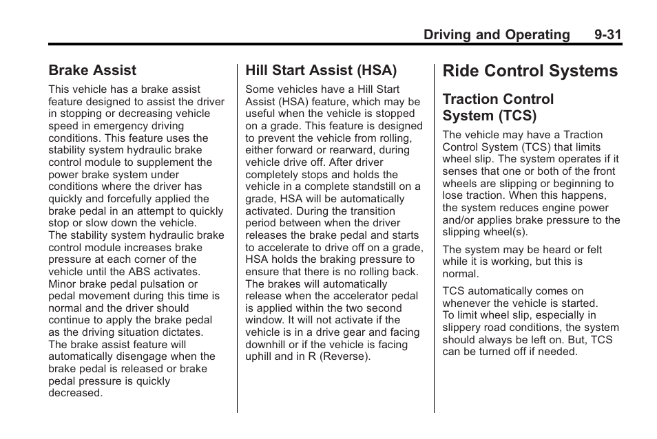 Brake assist, Hill start assist (hsa), Ride control systems | Traction control system (tcs), Ride control systems -31, Brake assist -31, Start assist (hsa) -31, Traction control, System (tcs) -31 | Buick 2011 Regal User Manual | Page 219 / 360