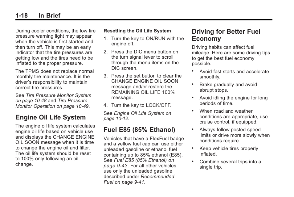 Engine oil life system, Fuel e85 (85% ethanol), Driving for better fuel economy | For better fuel, Economy -18, 18 in brief | Buick 2011 Regal User Manual | Page 22 / 360