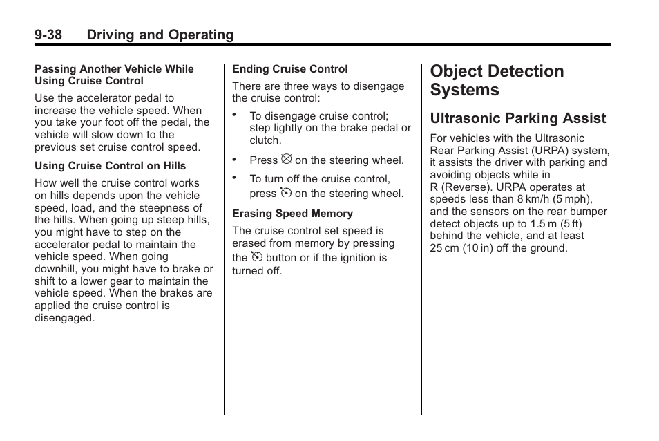 Object detection systems, Ultrasonic parking assist, Detection systems -38 | Ultrasonic parking assist -38, 38 driving and operating | Buick 2011 Regal User Manual | Page 226 / 360