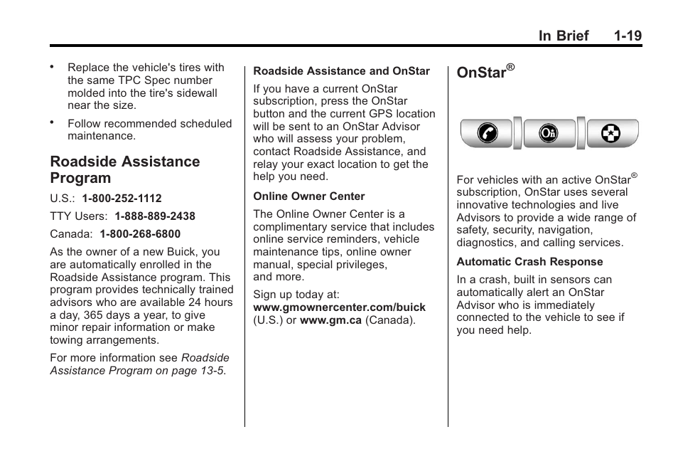 Roadside assistance program, Onstar, Roadside assistance | Program -19 | Buick 2011 Regal User Manual | Page 23 / 360