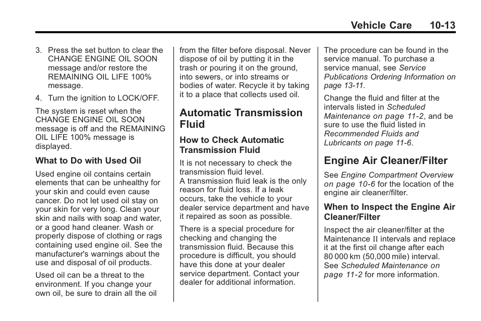 Automatic transmission fluid, Engine air cleaner/filter, Automatic transmission | Fluid -13, Engine air cleaner/filter -13, Bulb, Engine air cleaner/filter on, Vehicle care 10-13 | Buick 2011 Regal User Manual | Page 249 / 360