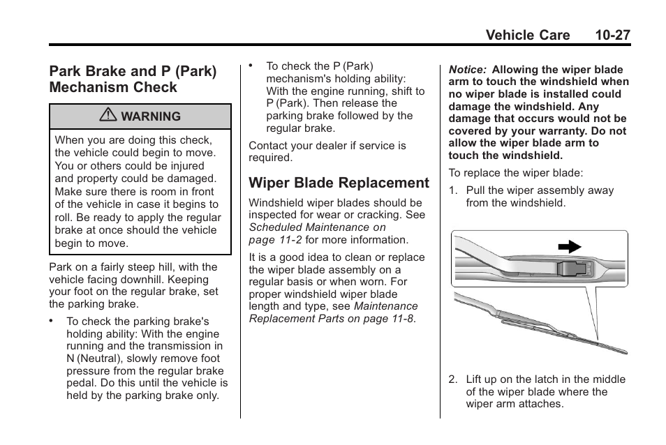 Park brake and p (park) mechanism check, Wiper blade replacement, Park brake and p (park) | Mechanism check -27, Wiper blade, Vehicle care 10-27 | Buick 2011 Regal User Manual | Page 263 / 360