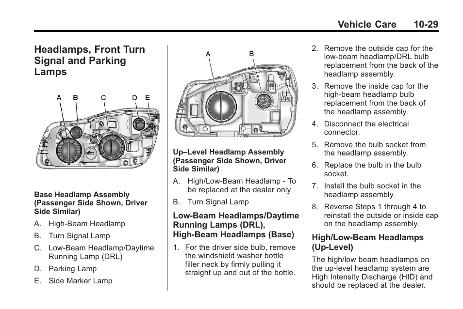 Headlamps, front turn signal and parking lamps, Front turn, And parking lamps -29 | Vehicle care 10-29 | Buick 2011 Regal User Manual | Page 265 / 360