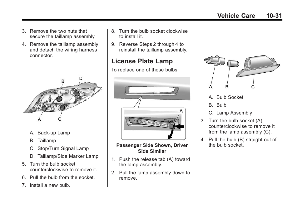 License plate lamp, License plate lamp -31, Vehicle care 10-31 | Buick 2011 Regal User Manual | Page 267 / 360