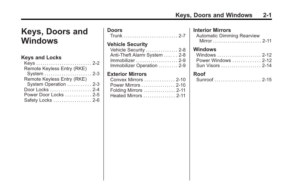 Keys, doors and windows, Keys, doors and windows -1 | Buick 2011 Regal User Manual | Page 27 / 360