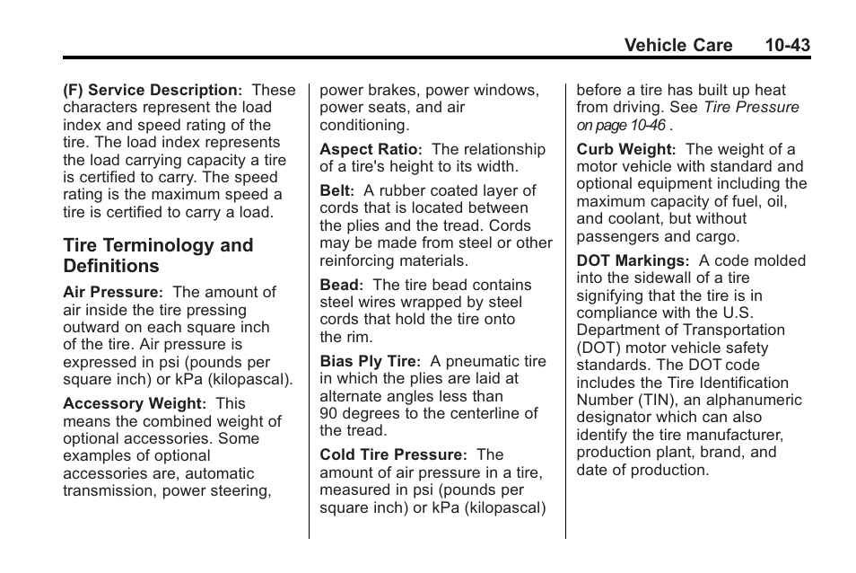 Tire terminology and definitions, Tire terminology and, Definitions -43 | Buick 2011 Regal User Manual | Page 279 / 360