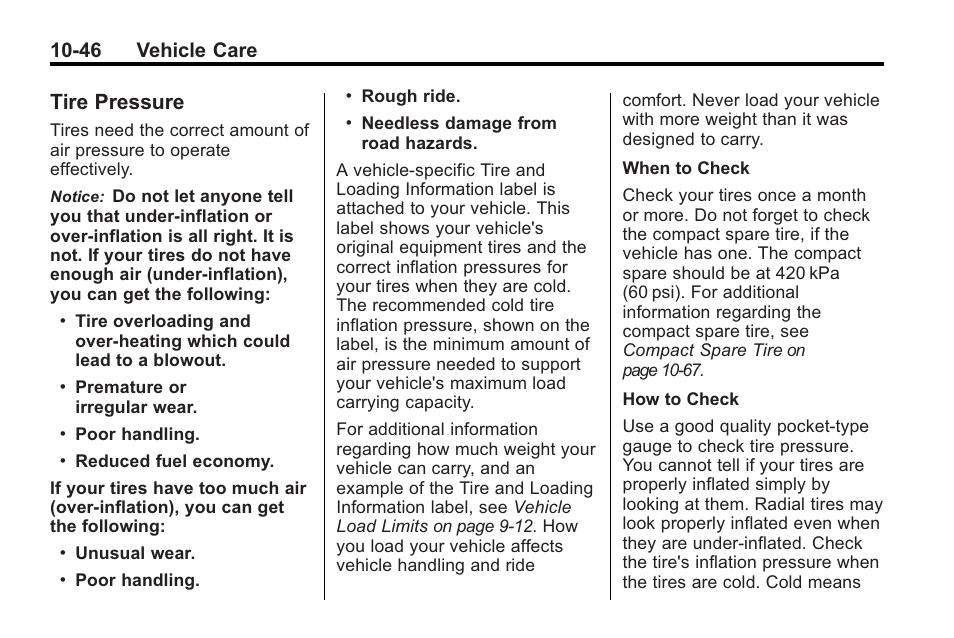 Tire pressure, Tire pressure -46, 46 vehicle care | Buick 2011 Regal User Manual | Page 282 / 360