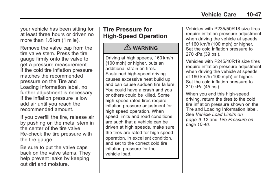 Tire pressure for high-speed operation, Tire pressure for high-speed, Operation -47 | Buick 2011 Regal User Manual | Page 283 / 360