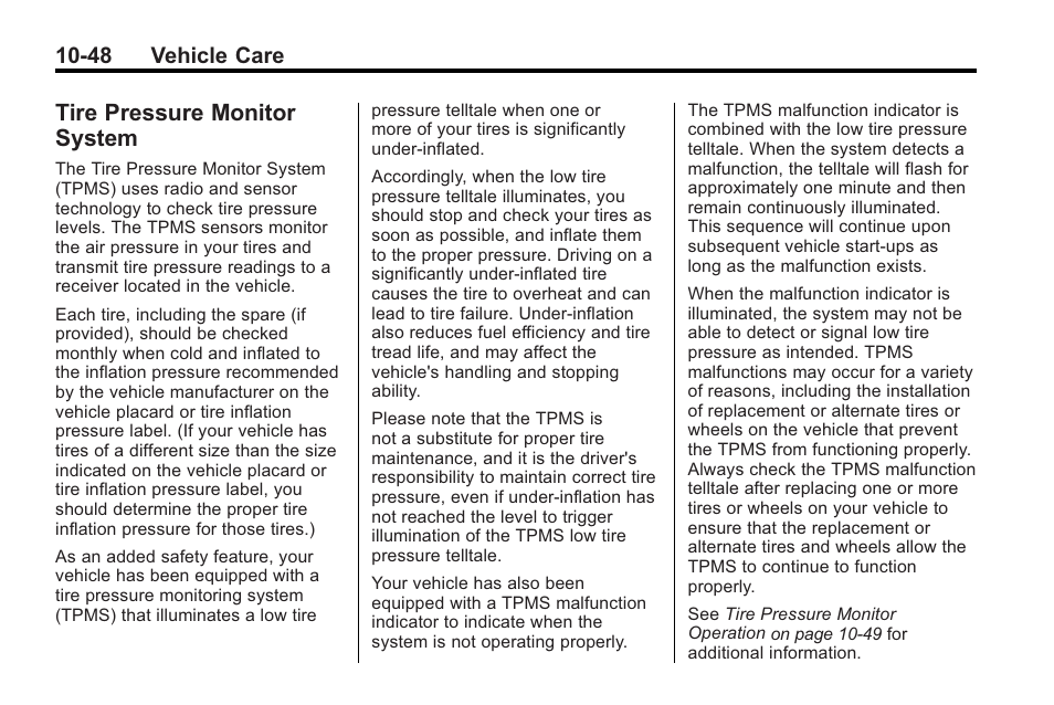 Tire pressure monitor system, Tire pressure monitor system on, Tire pressure monitor | System -48, 48 vehicle care | Buick 2011 Regal User Manual | Page 284 / 360
