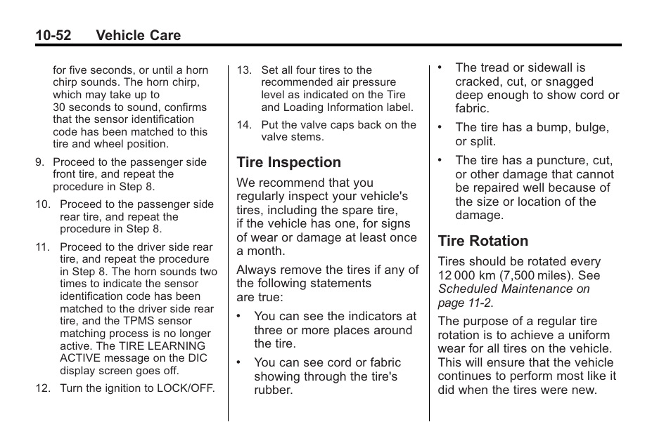 Tire inspection, Tire rotation, Tire inspection -52 tire rotation -52 | 52 vehicle care | Buick 2011 Regal User Manual | Page 288 / 360