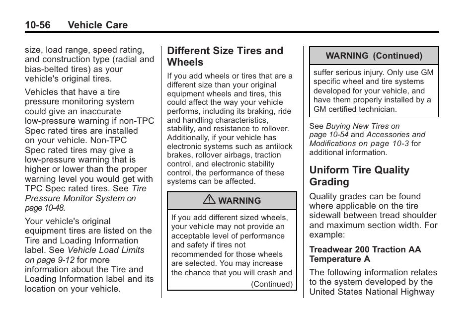 Different size tires and wheels, Uniform tire quality grading, Different size tires and | Wheels -56, Uniform tire quality, Grading -56 | Buick 2011 Regal User Manual | Page 292 / 360