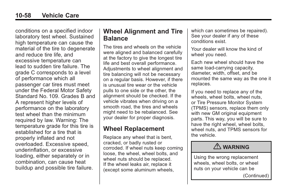 Wheel alignment and tire balance, Wheel replacement, Wheel alignment and tire | Balance -58, Wheel replacement -58, Genuine | Buick 2011 Regal User Manual | Page 294 / 360