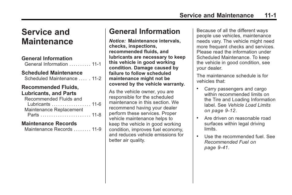 Service and maintenance, General information, Service and maintenance -1 | Information -1, Service and maintenance 11-1 | Buick 2011 Regal User Manual | Page 317 / 360