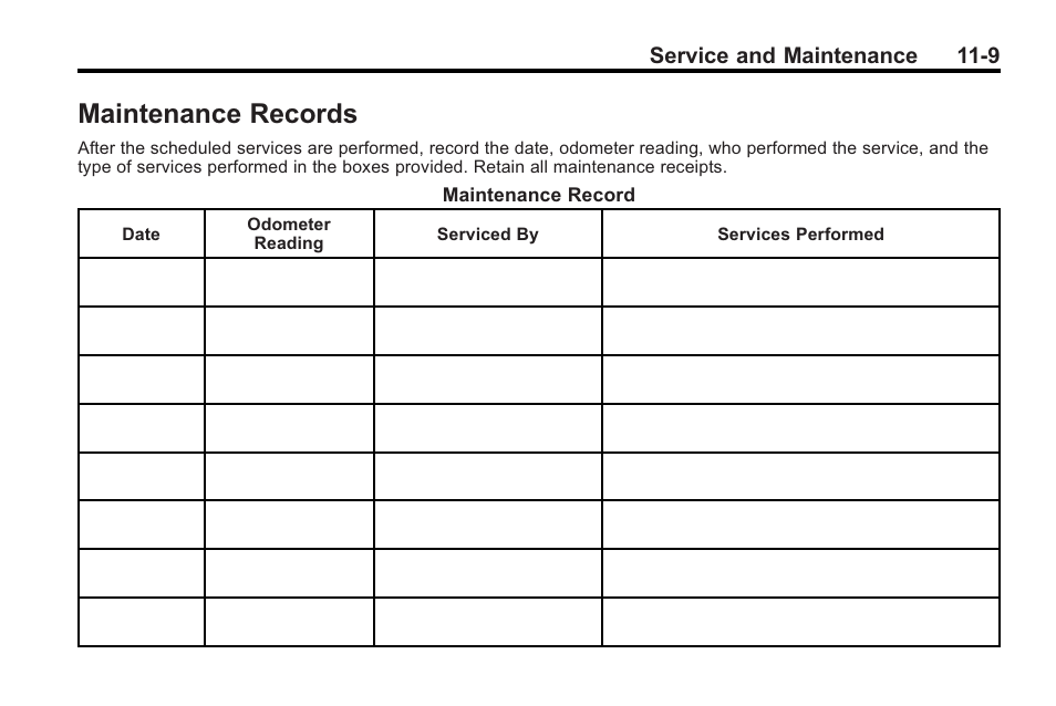 Maintenance records, Records -9, Index | Maintenance records -9 | Buick 2011 Regal User Manual | Page 325 / 360