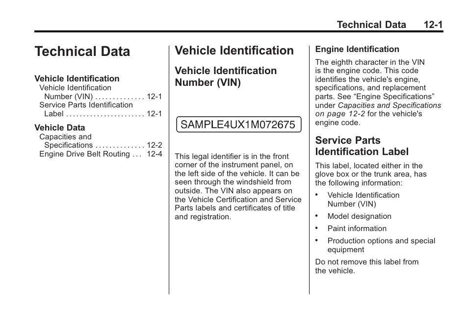 Technical data, Vehicle identification, Vehicle identification number (vin) | Service parts identification label, Echnical data -1, Technical data 12-1 | Buick 2011 Regal User Manual | Page 329 / 360