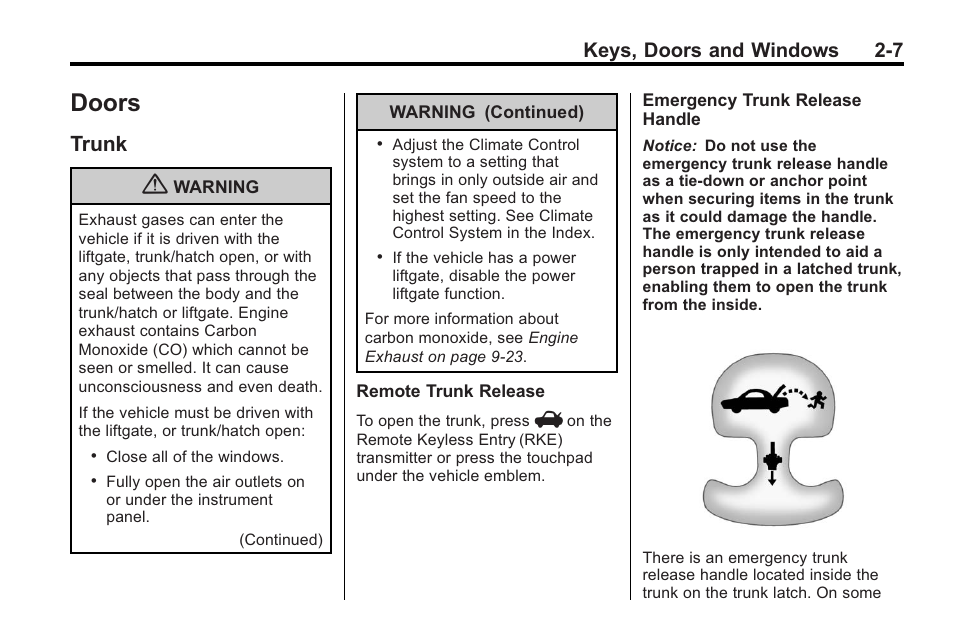 Doors, Trunk, Doors -7 | Trunk -7, Automatic, Keys, doors and windows 2-7 | Buick 2011 Regal User Manual | Page 33 / 360